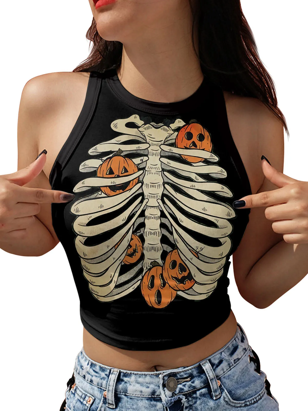 1960s Halloween Skull Pumpkin Crop Sleeveless Top