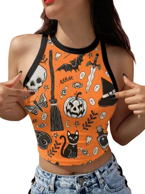 1960s Halloween Skull Pumpkin Crop Sleeveless Top