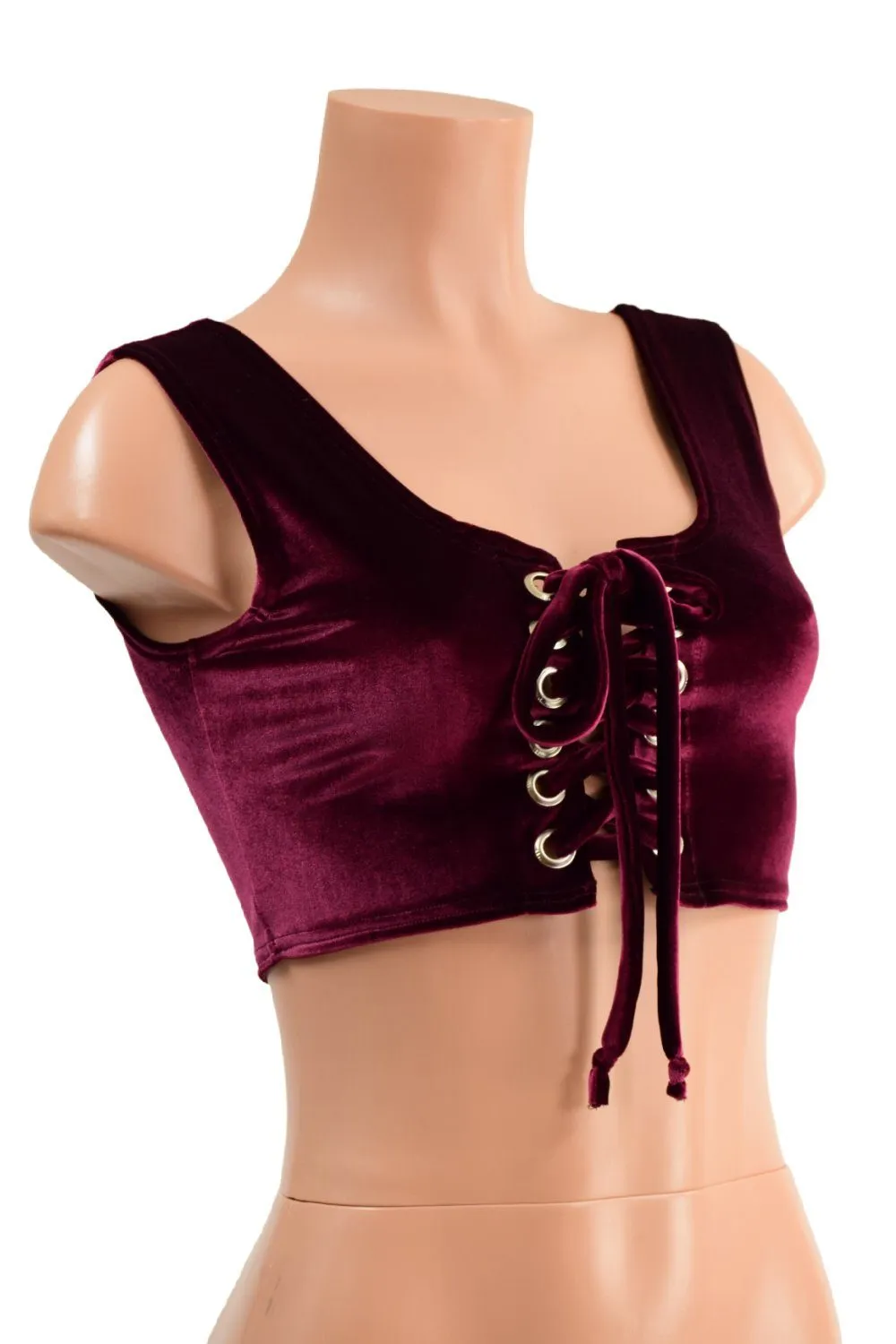 6" Mini Lace UP Front Crop Tank in Burgundy Velvet