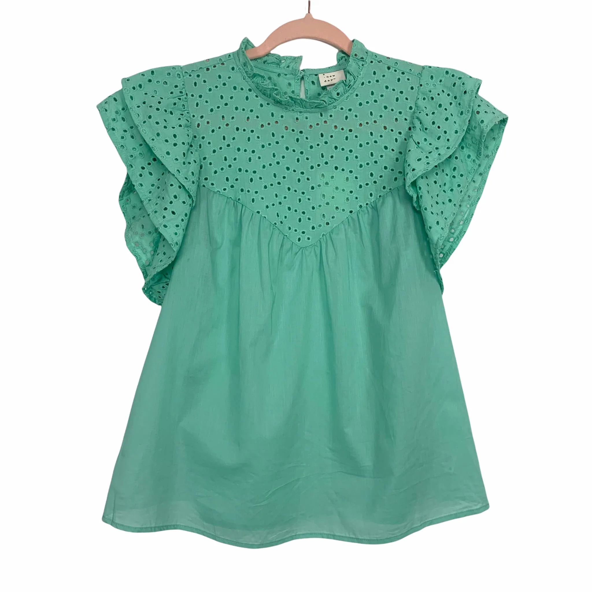 A New Day Green Eyelet Tiered Ruffle Sleeve Blouse NWT- Size XS