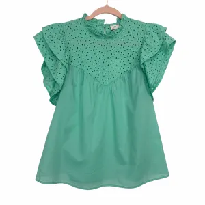 A New Day Green Eyelet Tiered Ruffle Sleeve Blouse NWT- Size XS