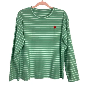 A New Day Green/White Striped Heart Long Sleeve Tee- Size M