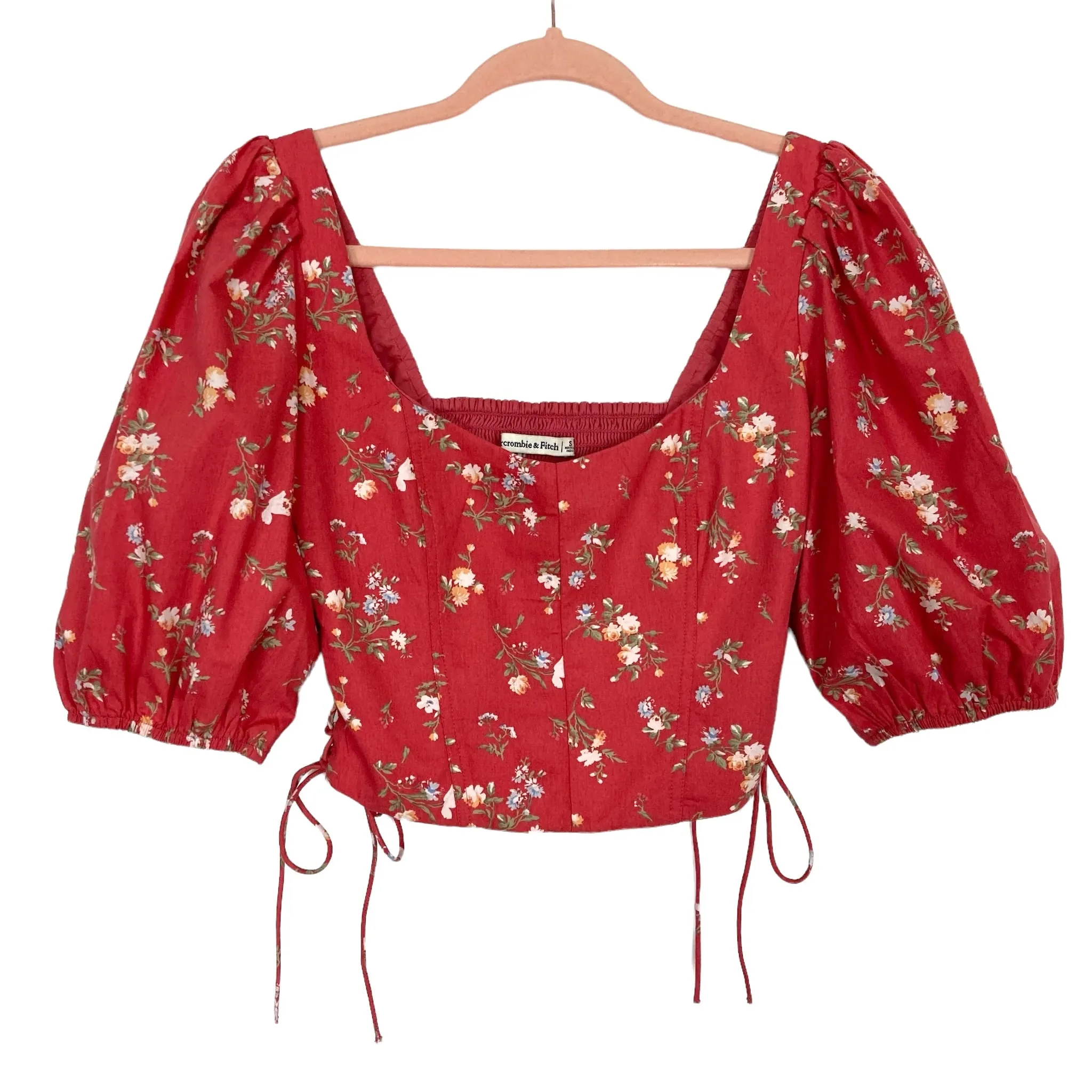 Abercrombie & Fitch Washed Red Floral Puffed Sleeves with Side Lace Up Detail Cropped Top- Size S