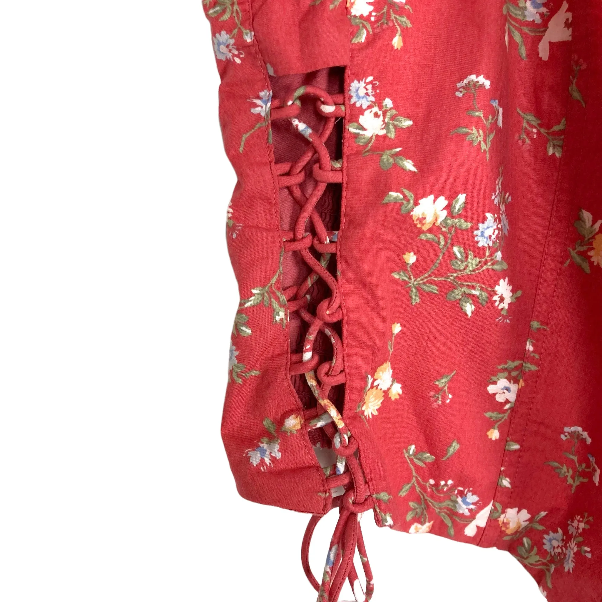 Abercrombie & Fitch Washed Red Floral Puffed Sleeves with Side Lace Up Detail Cropped Top- Size S