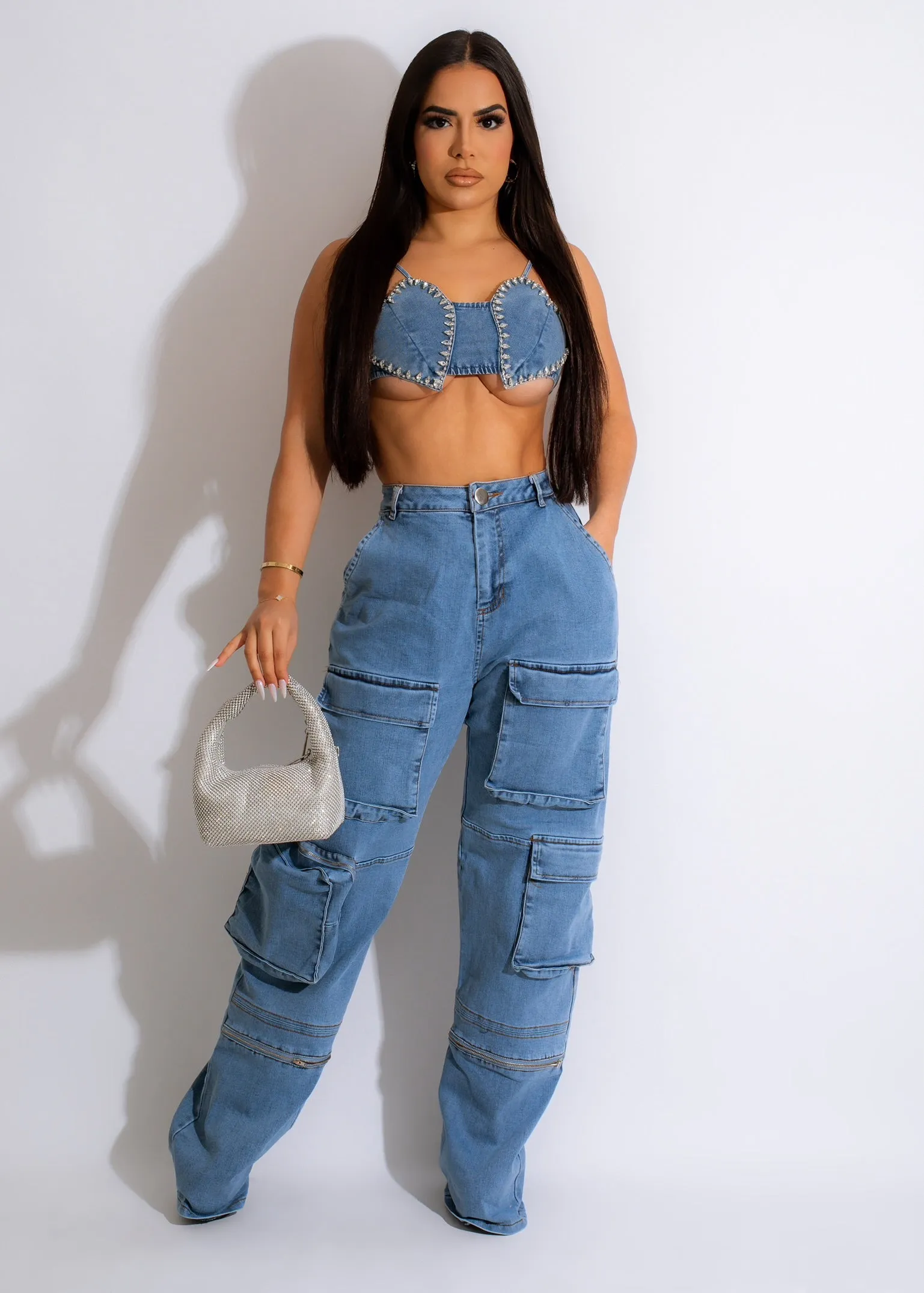 Armored Heart Rhinestones Denim  Crop Top