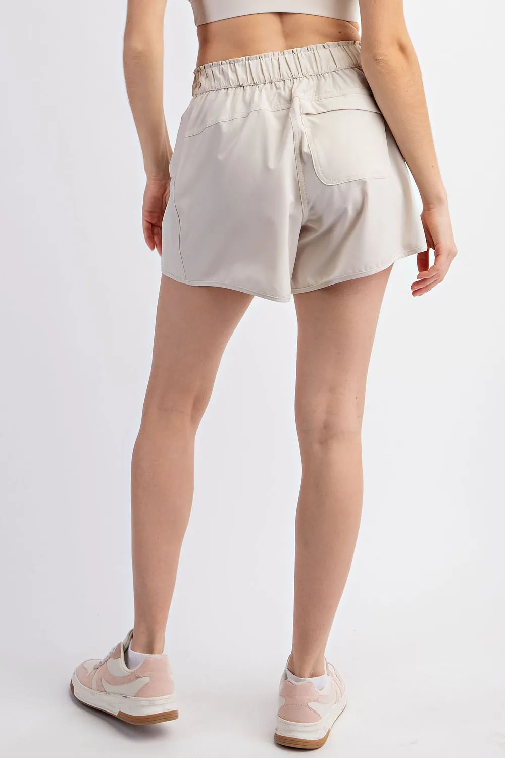 Beige Elastic Waist Side Pocket Active Shorts