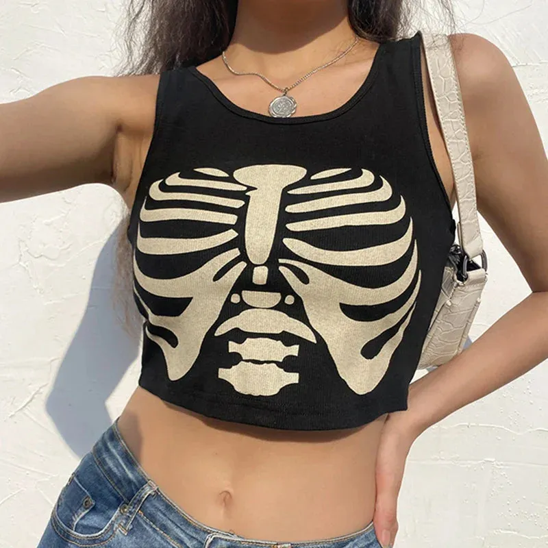 Black Goat Goth O-neck Knitted Head Sexy Sleeveless Punk Print Summer Crop Grunge Top