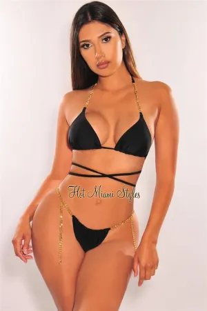 Black Padded Gold Chain Halter Tie Up High Cut Bikini Bottom