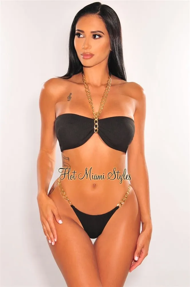 Black Ribbed Gold Chain Padded Thong Bikini