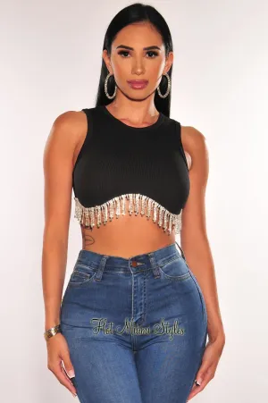 Black Ribbed Sleeveless Rhinestone Fringe Curved Hem Crop Top