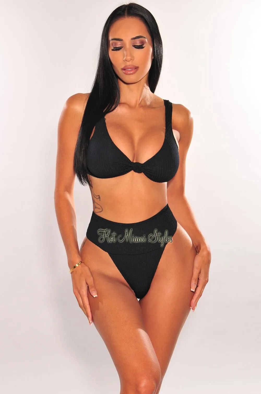 Black Textured Knotted High Rise Bikini Bottom