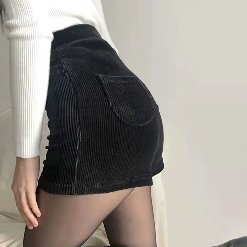 Black Velour Corduroy  Tight Goth High Waisted Shorts