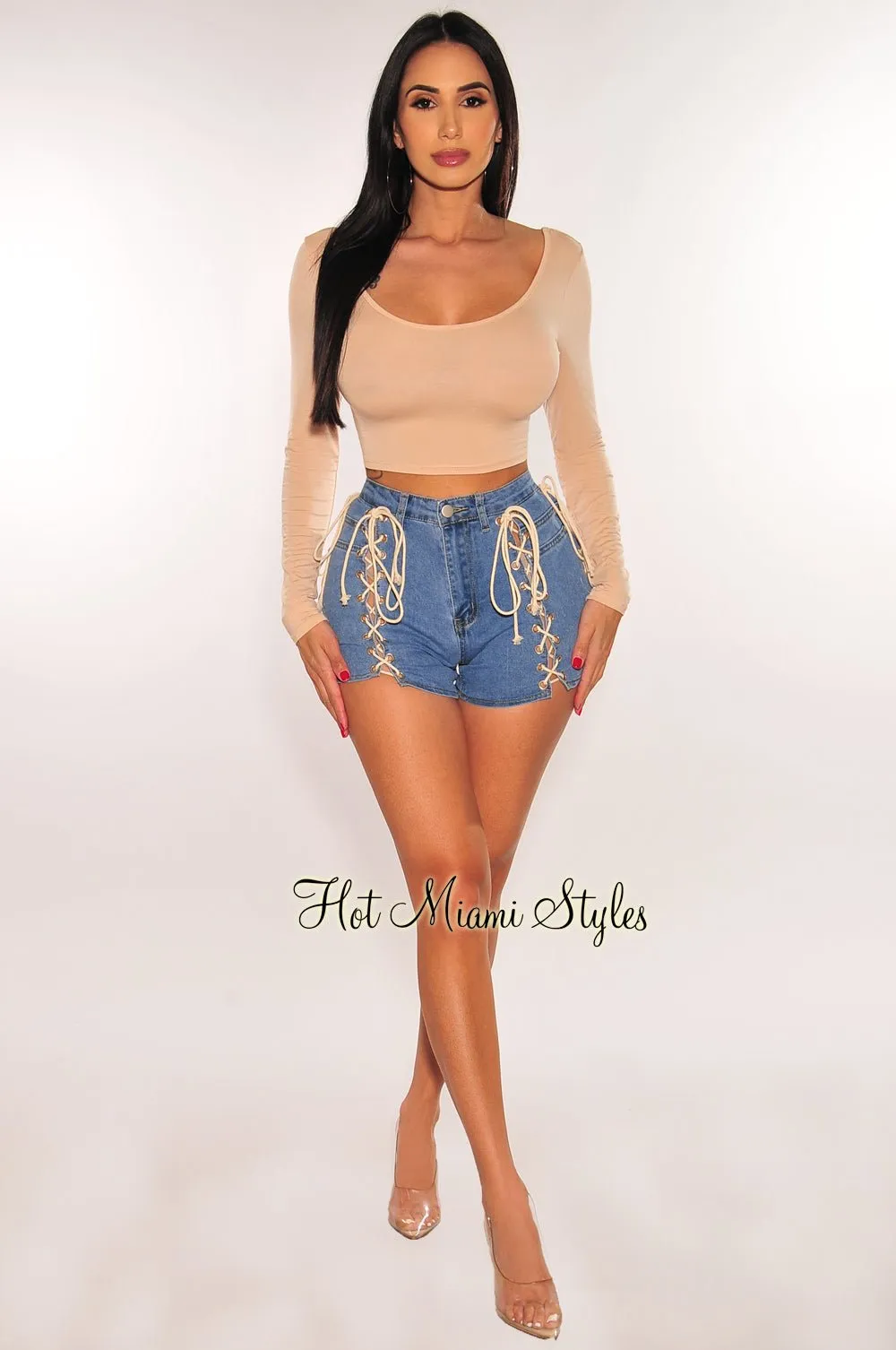 Blue Denim High Waist Lace Up Shorts