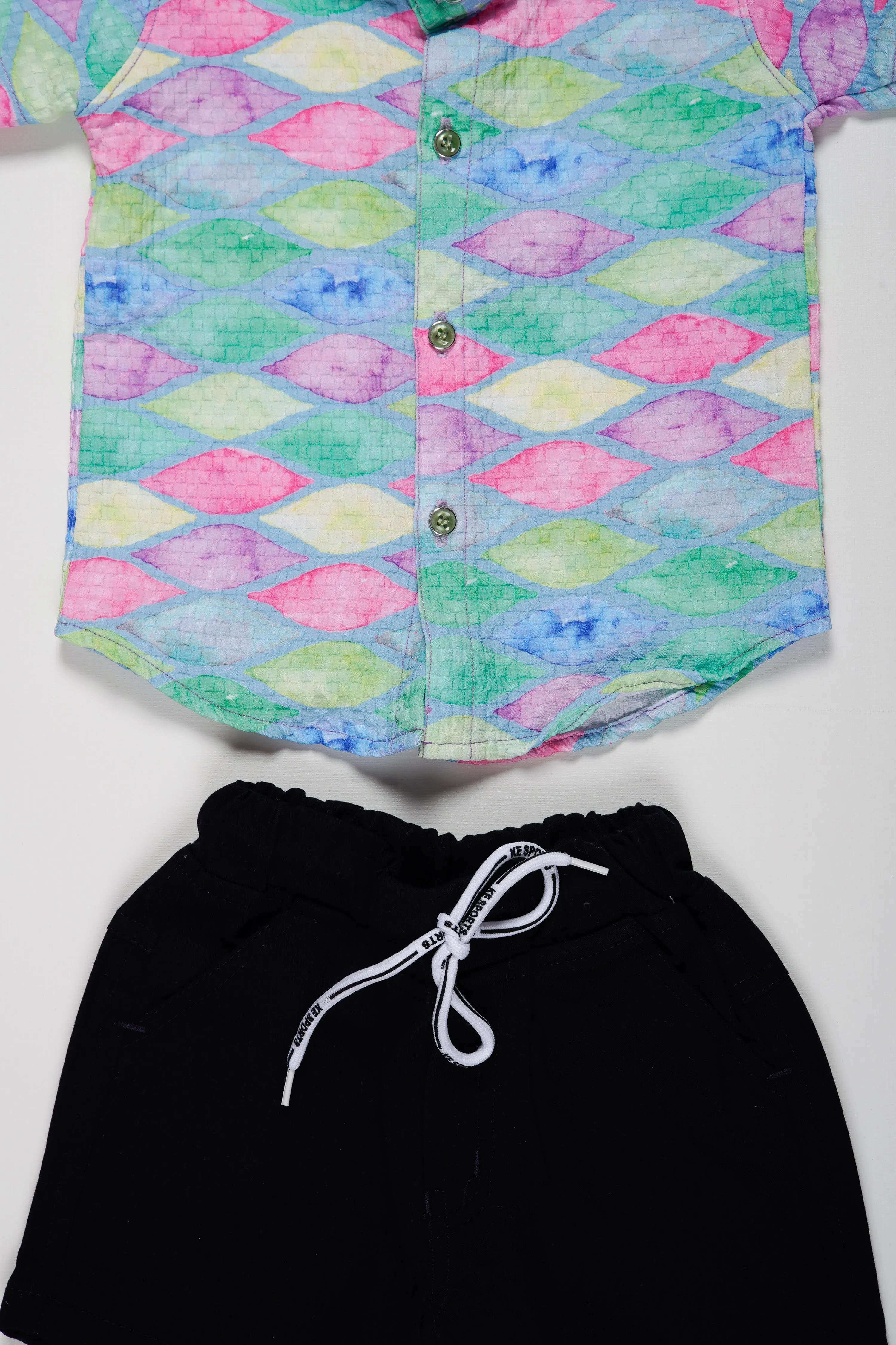 Boys Vibrant Fish Scale Print Shirt and Shorts Set | Colorful Summer Outfit