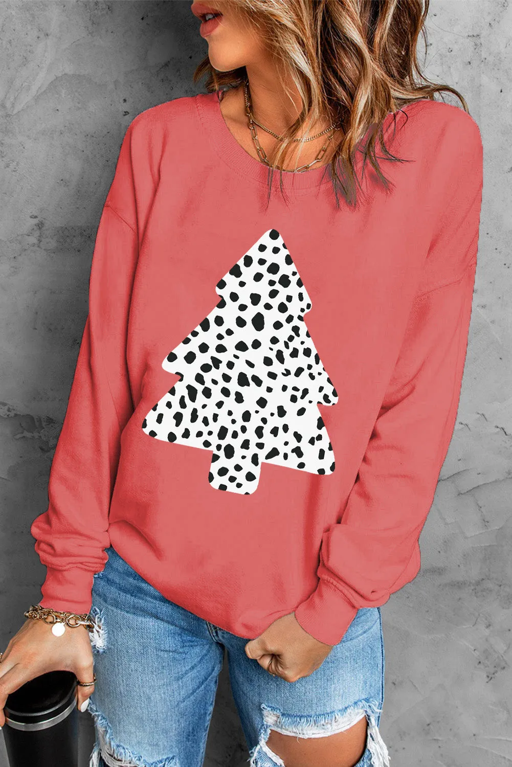 Christmas Tree Leopard Print Graphic Pullover Sweatshirt