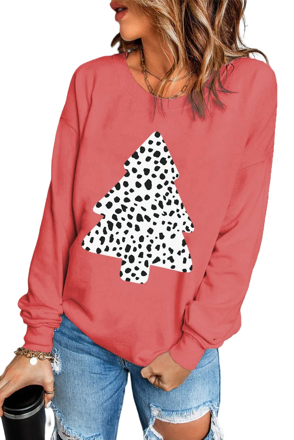 Christmas Tree Leopard Print Graphic Pullover Sweatshirt