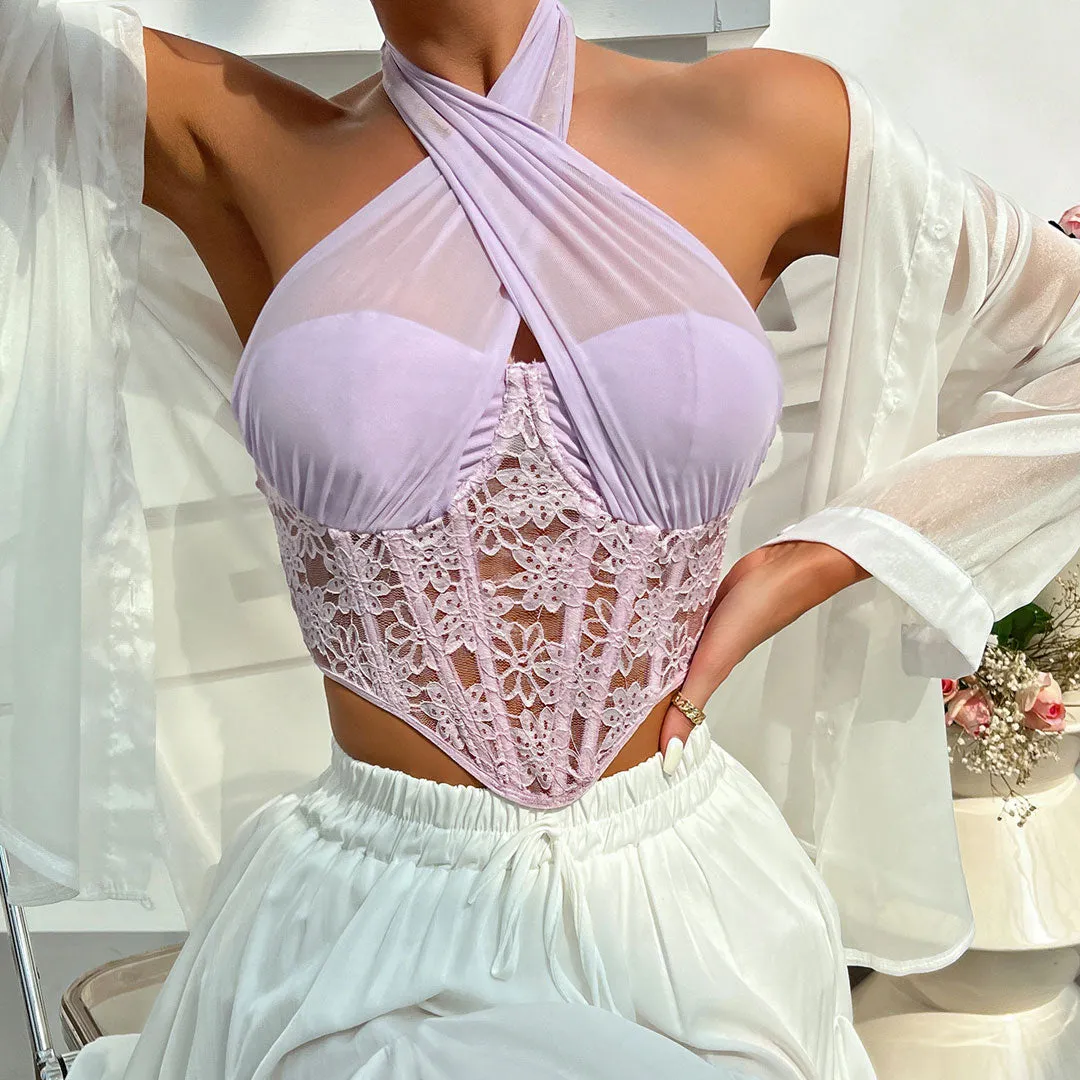 Crossed Halter Neck Lace Floral Mesh Cropped Corset Top - Violet