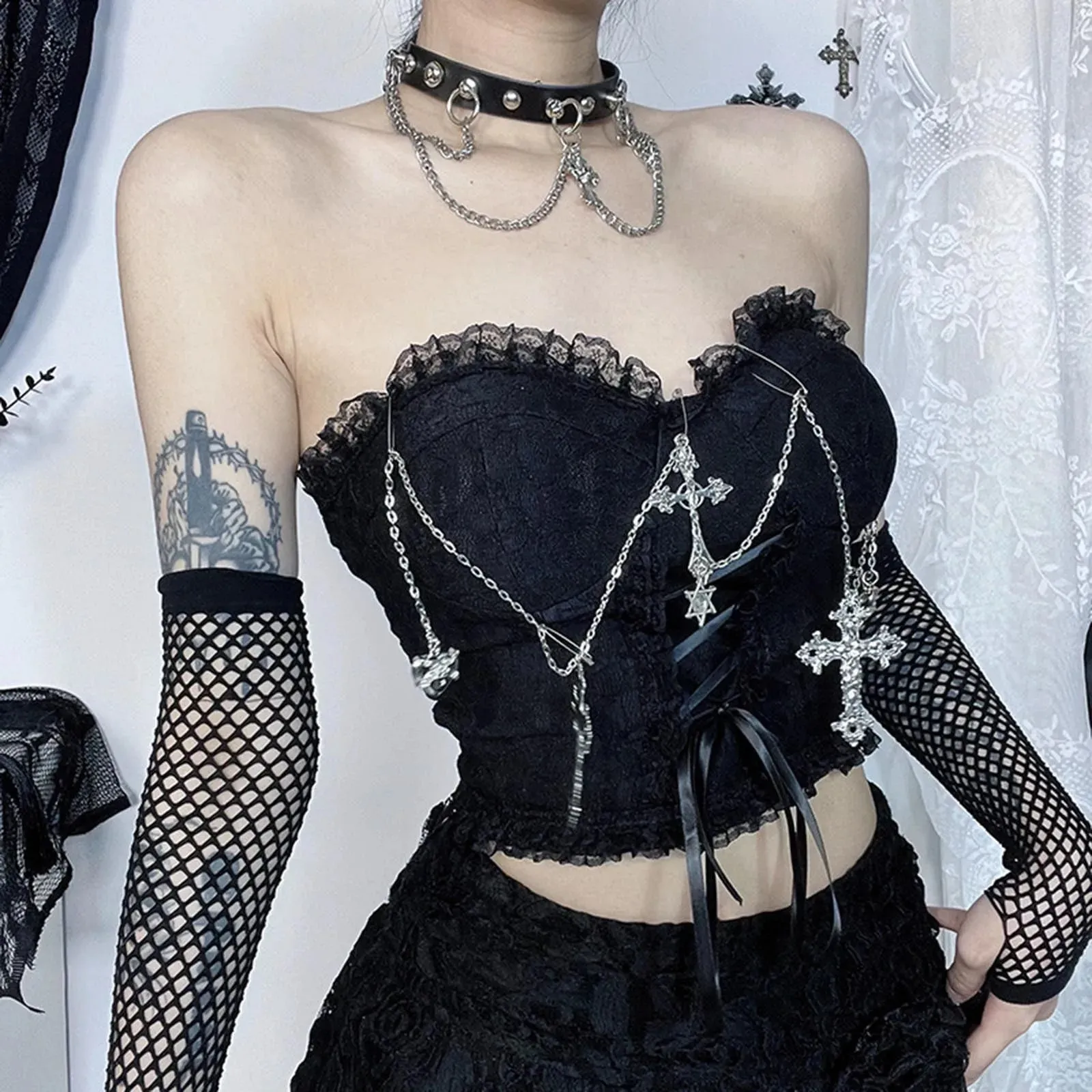 Dark Chain Crop Chest Style Sexy Top Tube Gothic Wrapped Top