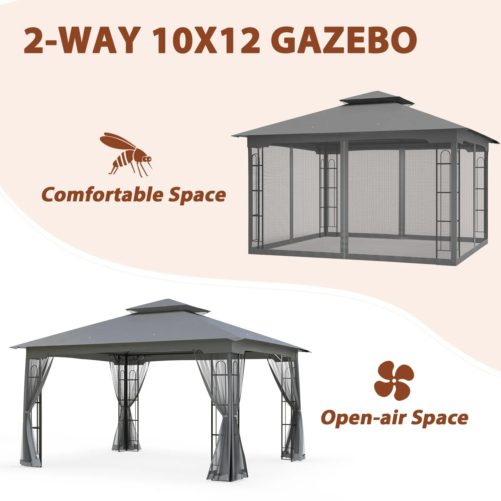 EAGLE PEAK Patio Soft Top Gazebo with Mosquito Netting 13x11 at Top, 12x10 Footprint