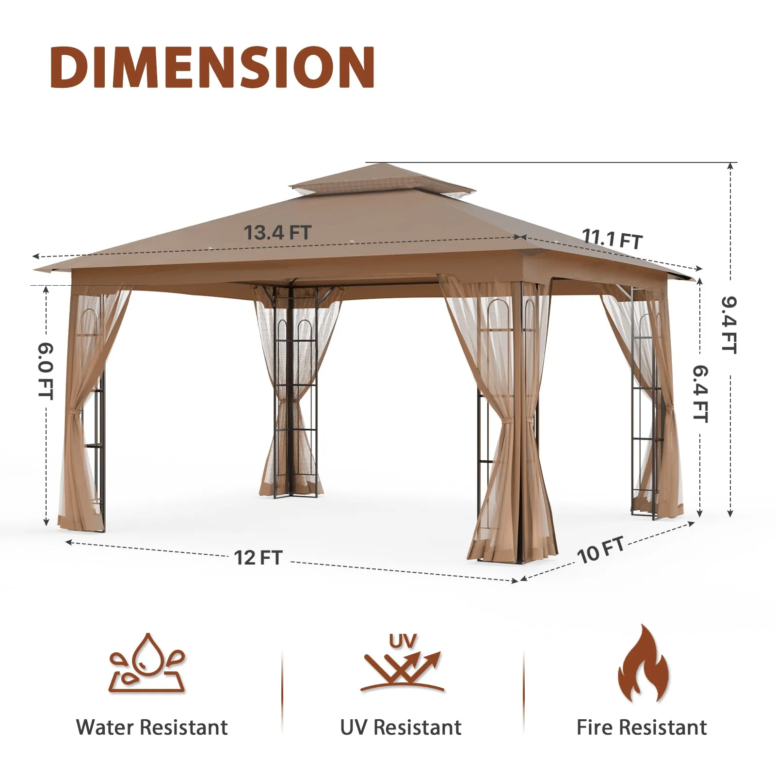 EAGLE PEAK Patio Soft Top Gazebo with Mosquito Netting 13x11 at Top, 12x10 Footprint