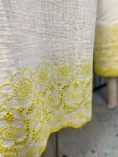 Embroidered Border & Textured Cotton - Ivory/Yellow