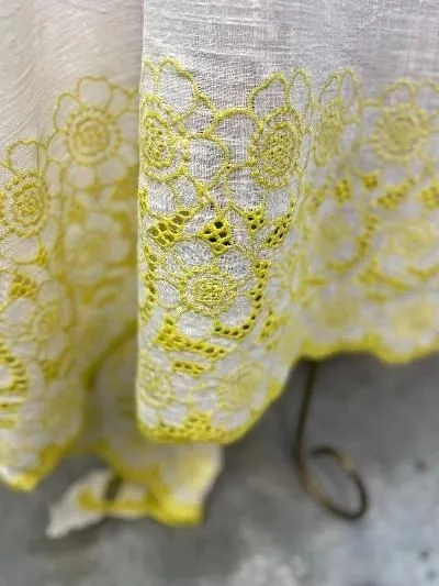 Embroidered Border & Textured Cotton - Ivory/Yellow