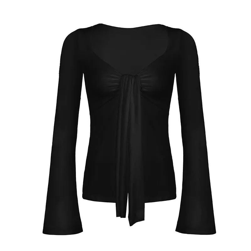 Fashion Black Flare Sleeve Sexy Women Shirts Cardigan Tie-Up Twisted Fall T-shirts Sexy Party Outfits Holidays Knit