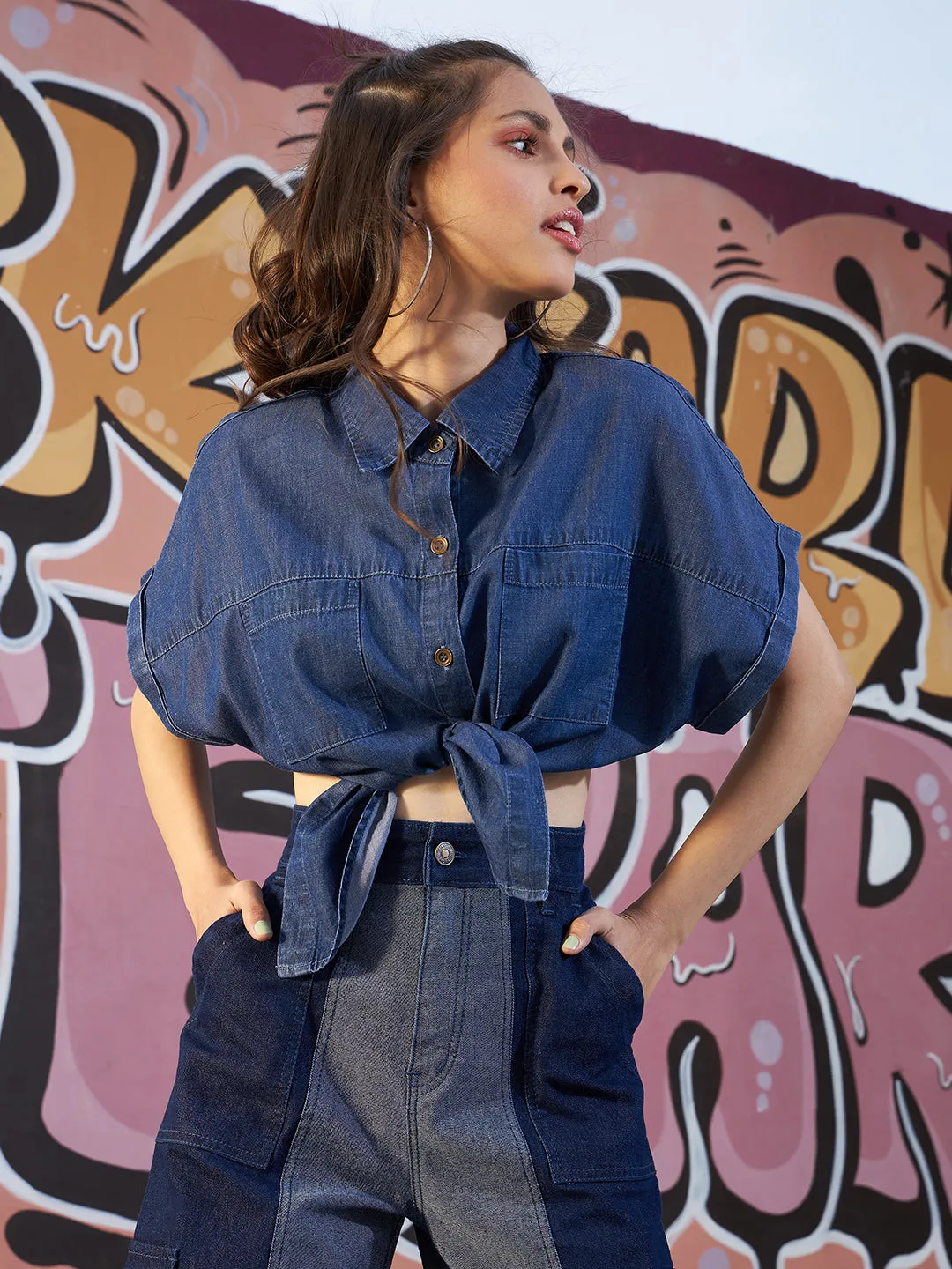 Girls Blue Tencel Crop Oversized Shirt Style Top