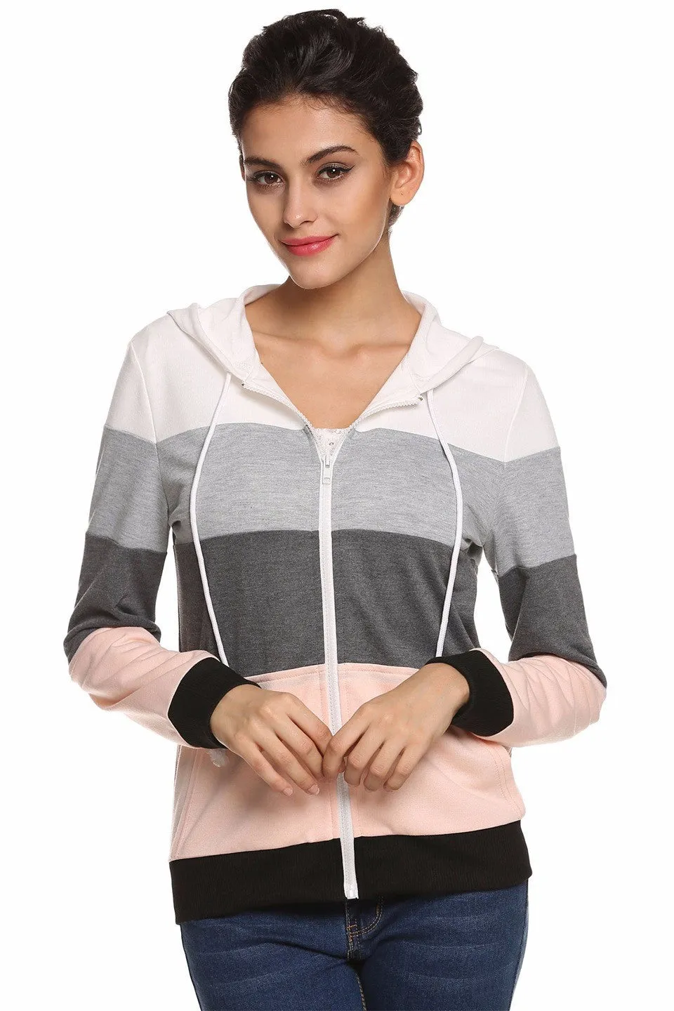 Gray & Pink Striped Women's Hoodie Sweatshirt