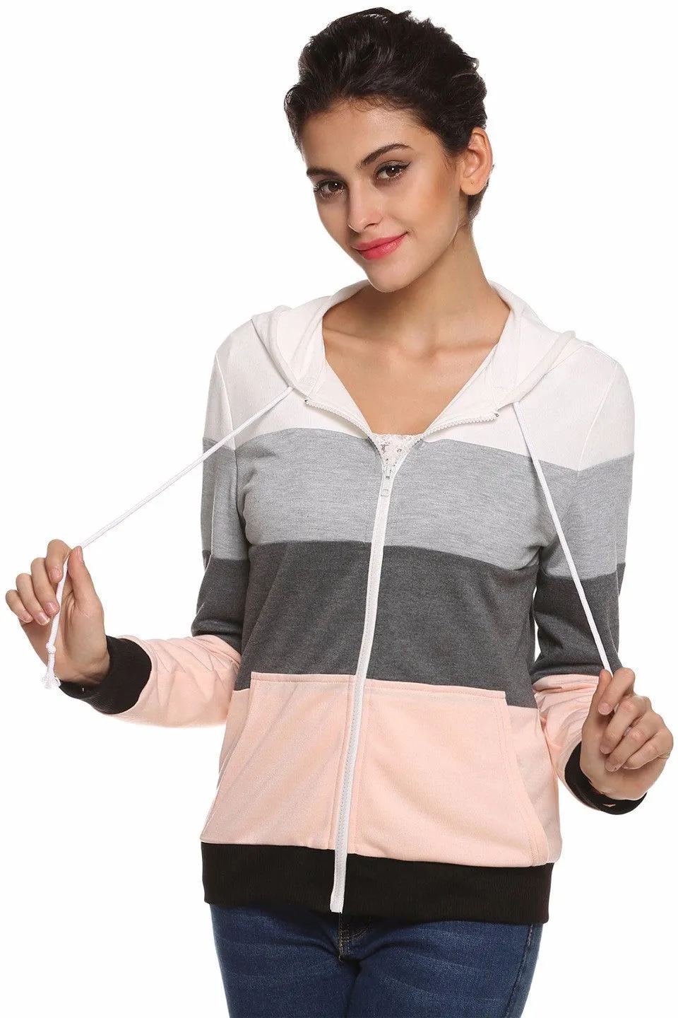 Gray & Pink Striped Women's Hoodie Sweatshirt