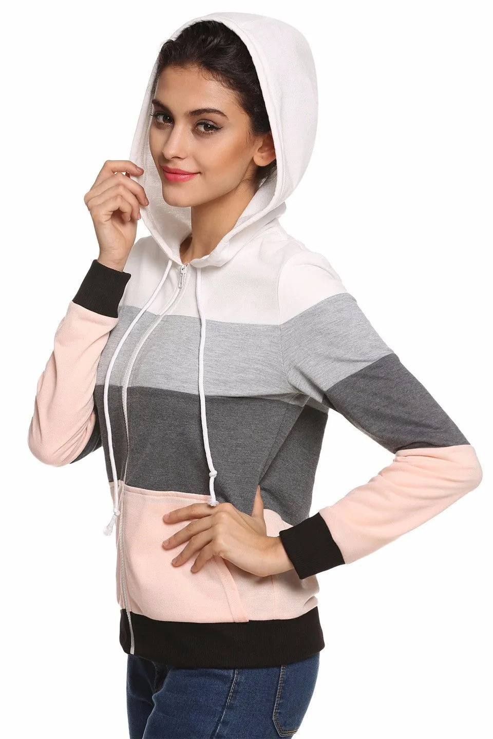 Gray & Pink Striped Women's Hoodie Sweatshirt