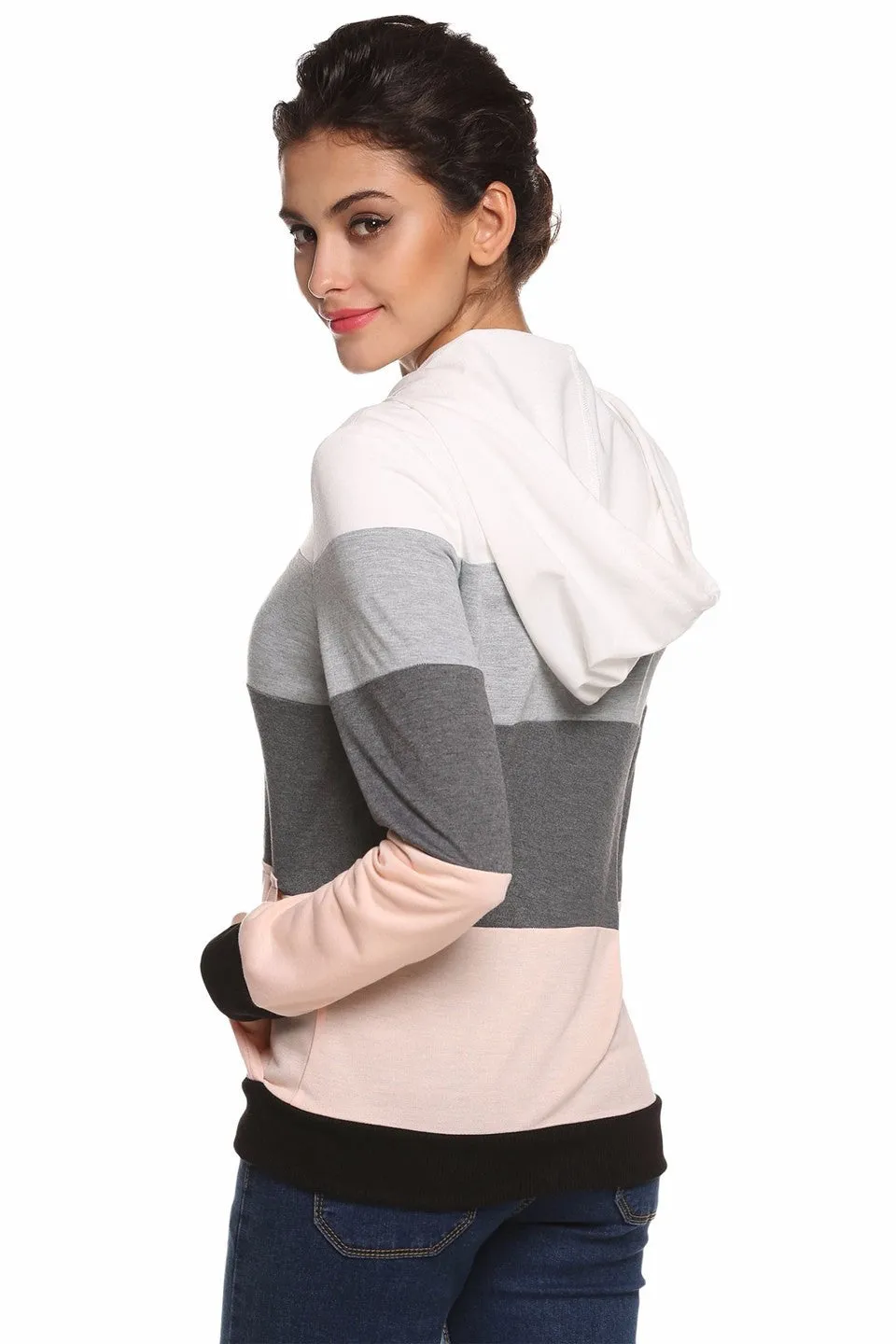 Gray & Pink Striped Women's Hoodie Sweatshirt