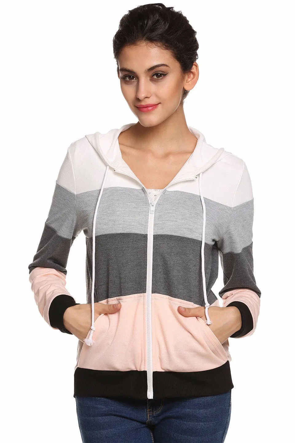 Gray & Pink Striped Women's Hoodie Sweatshirt