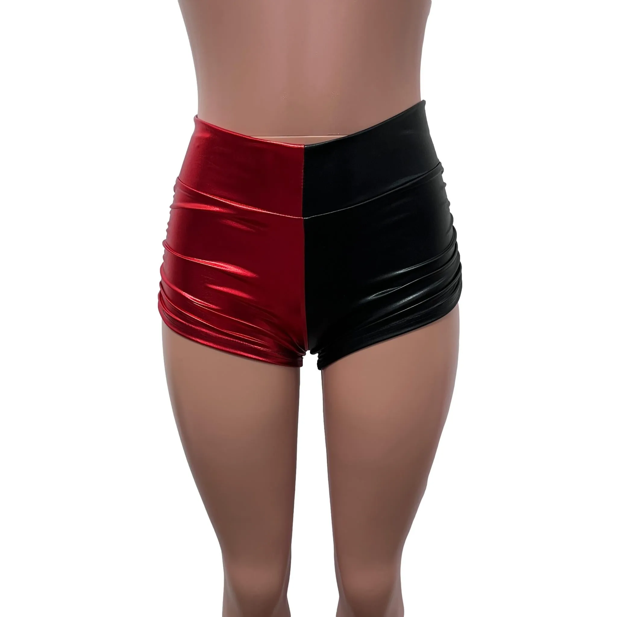 Harley Quinn Mid-Rise Ruched Booty Shorts in Blue/Red or Black/Red