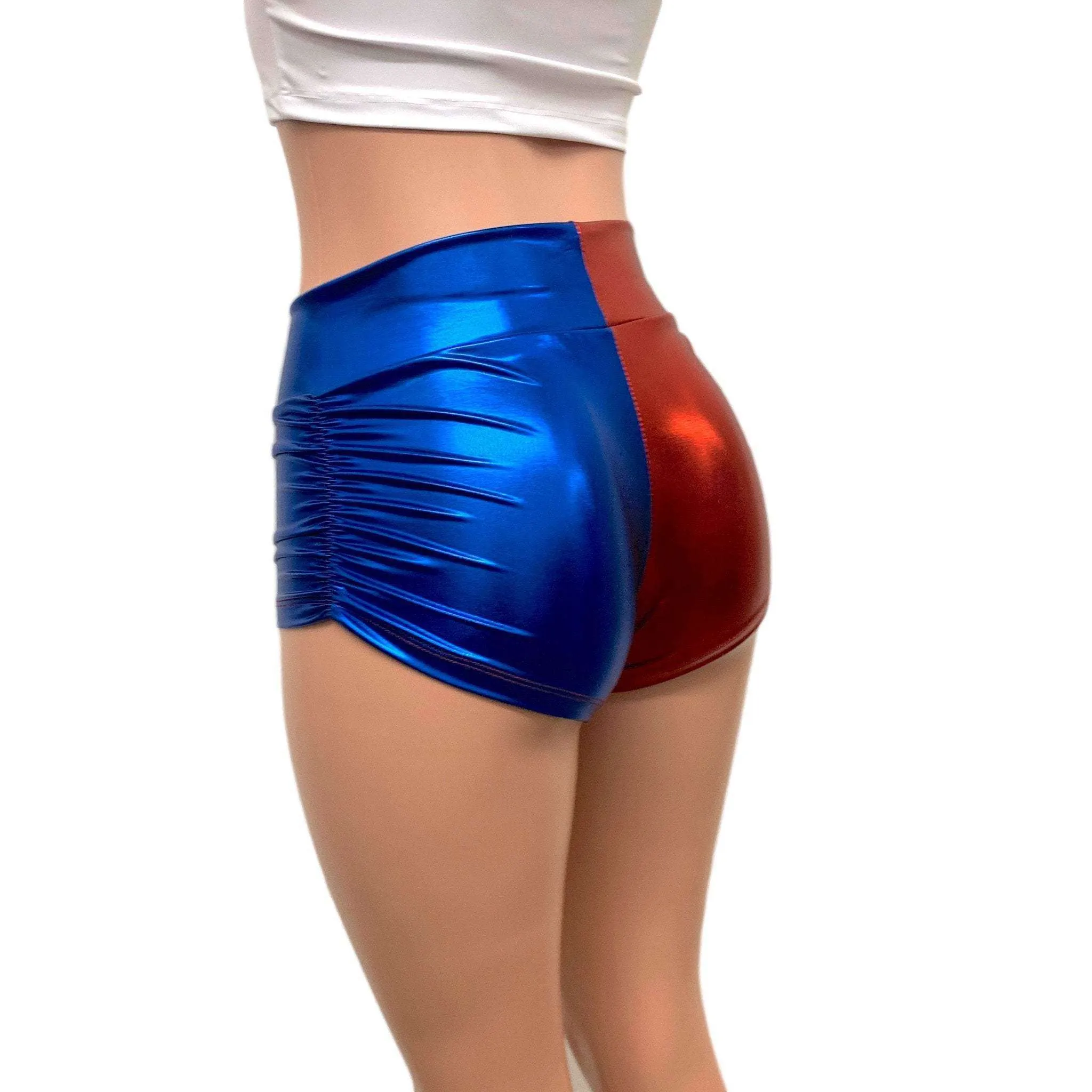 Harley Quinn Mid-Rise Ruched Booty Shorts in Blue/Red or Black/Red