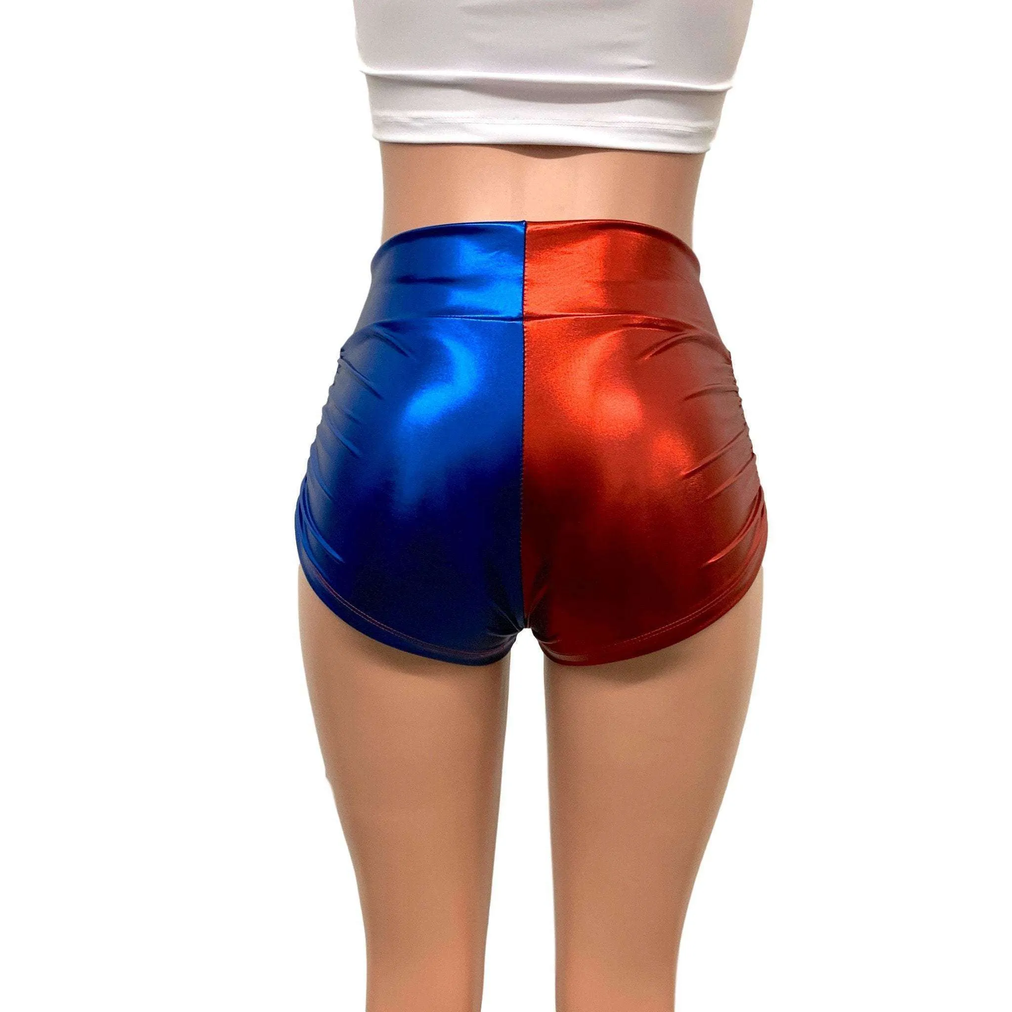 Harley Quinn Mid-Rise Ruched Booty Shorts in Blue/Red or Black/Red