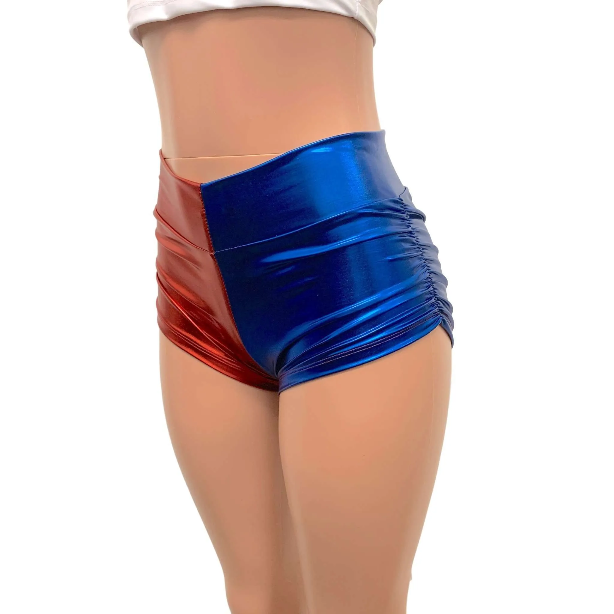 Harley Quinn Mid-Rise Ruched Booty Shorts in Blue/Red or Black/Red