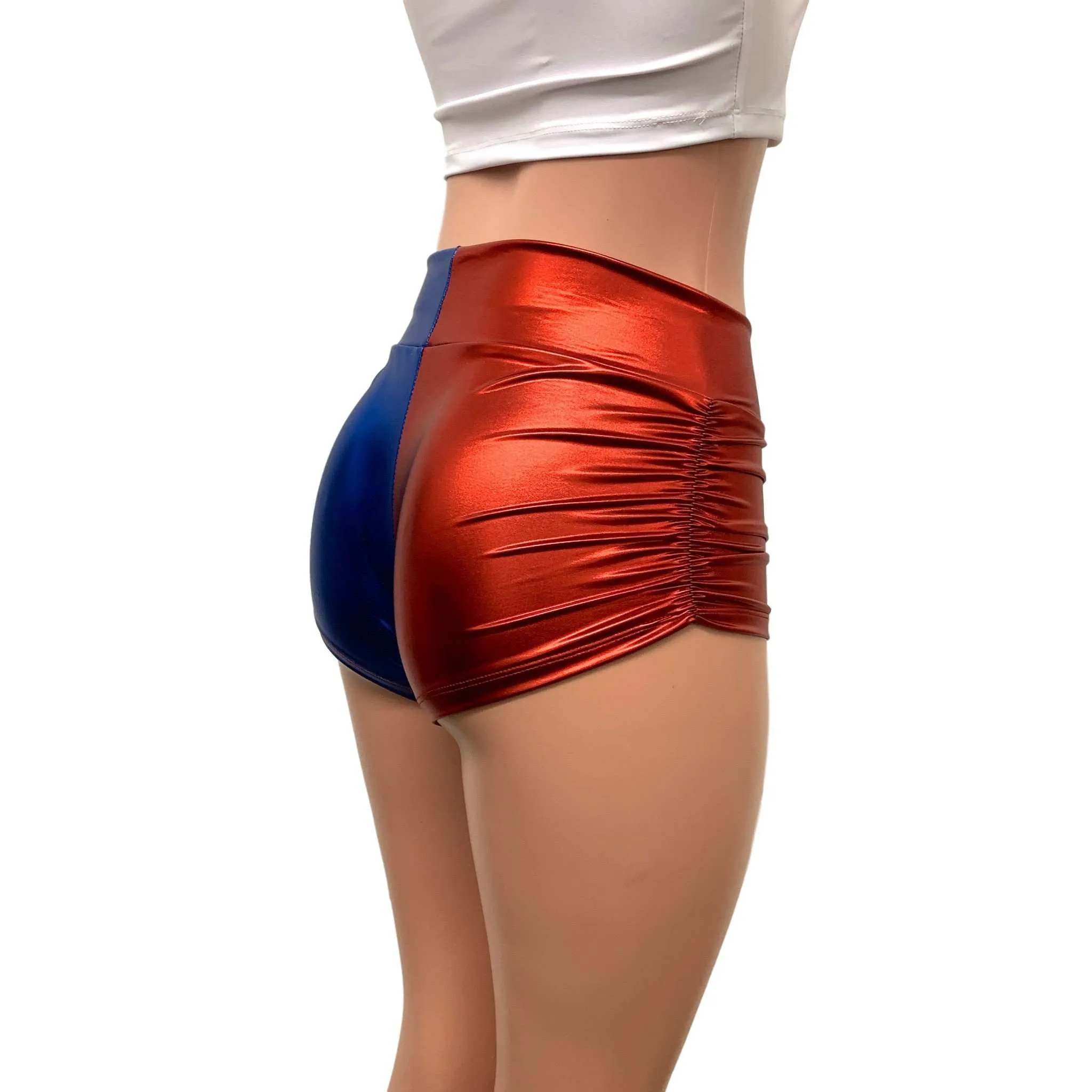 Harley Quinn Mid-Rise Ruched Booty Shorts in Blue/Red or Black/Red