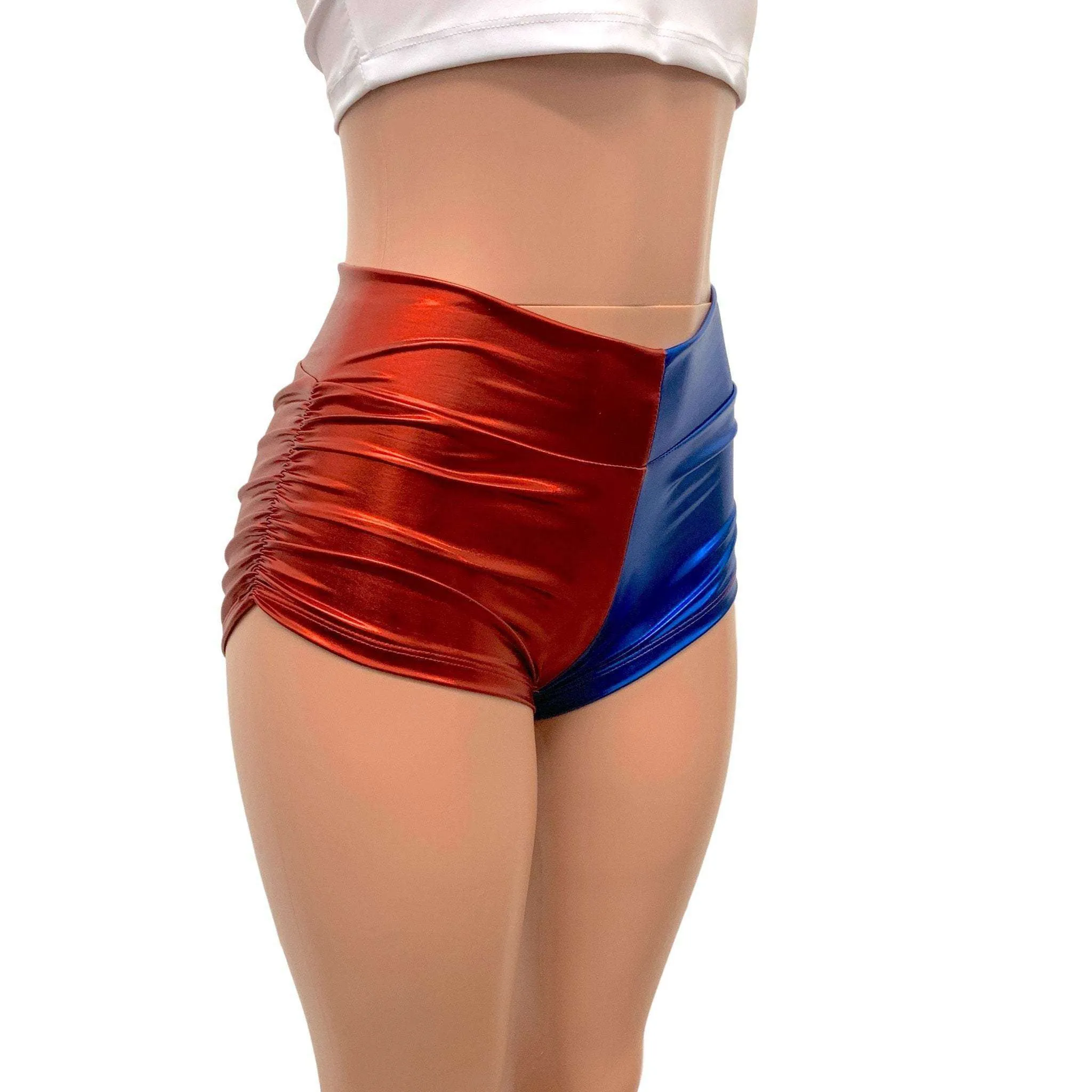 Harley Quinn Mid-Rise Ruched Booty Shorts in Blue/Red or Black/Red