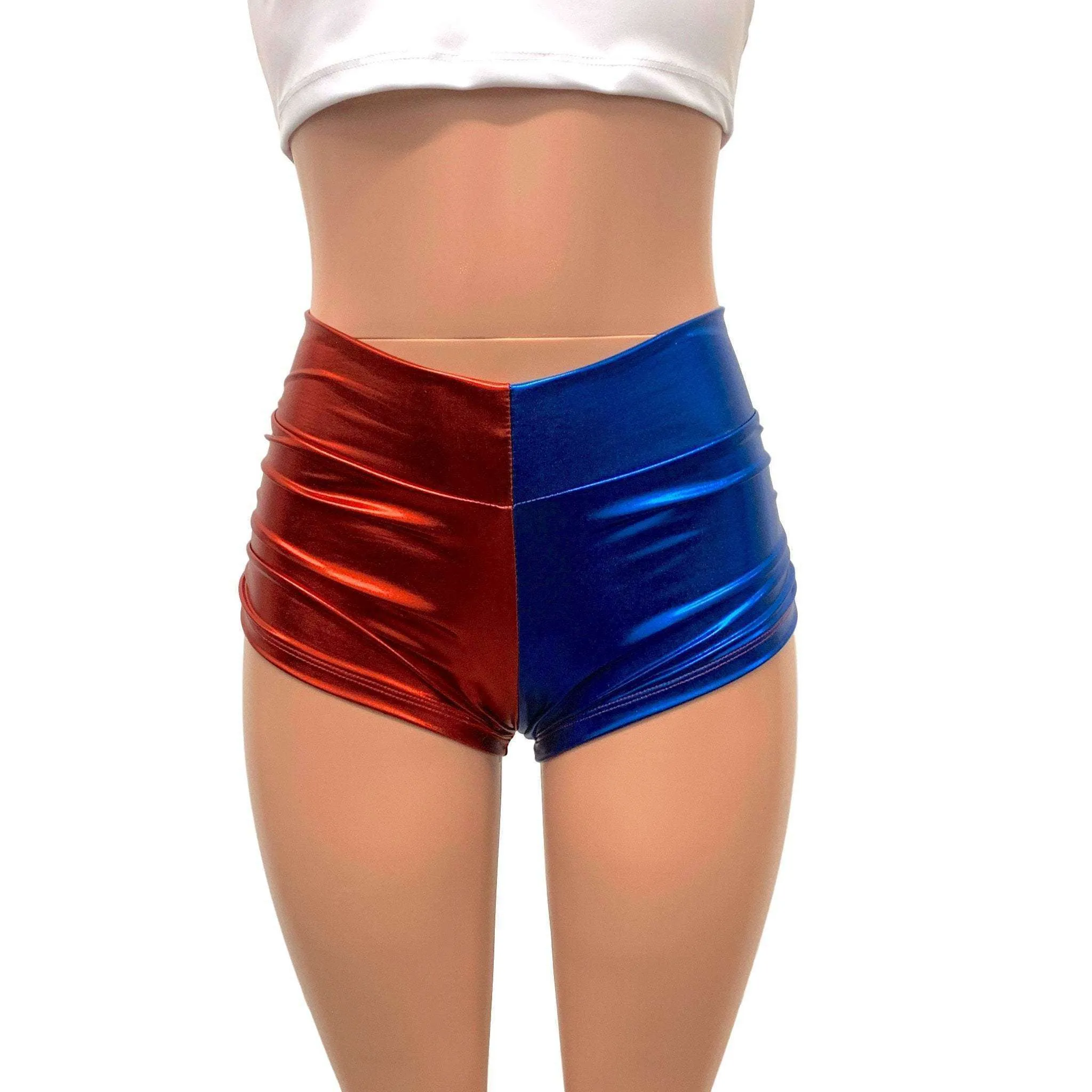 Harley Quinn Mid-Rise Ruched Booty Shorts in Blue/Red or Black/Red