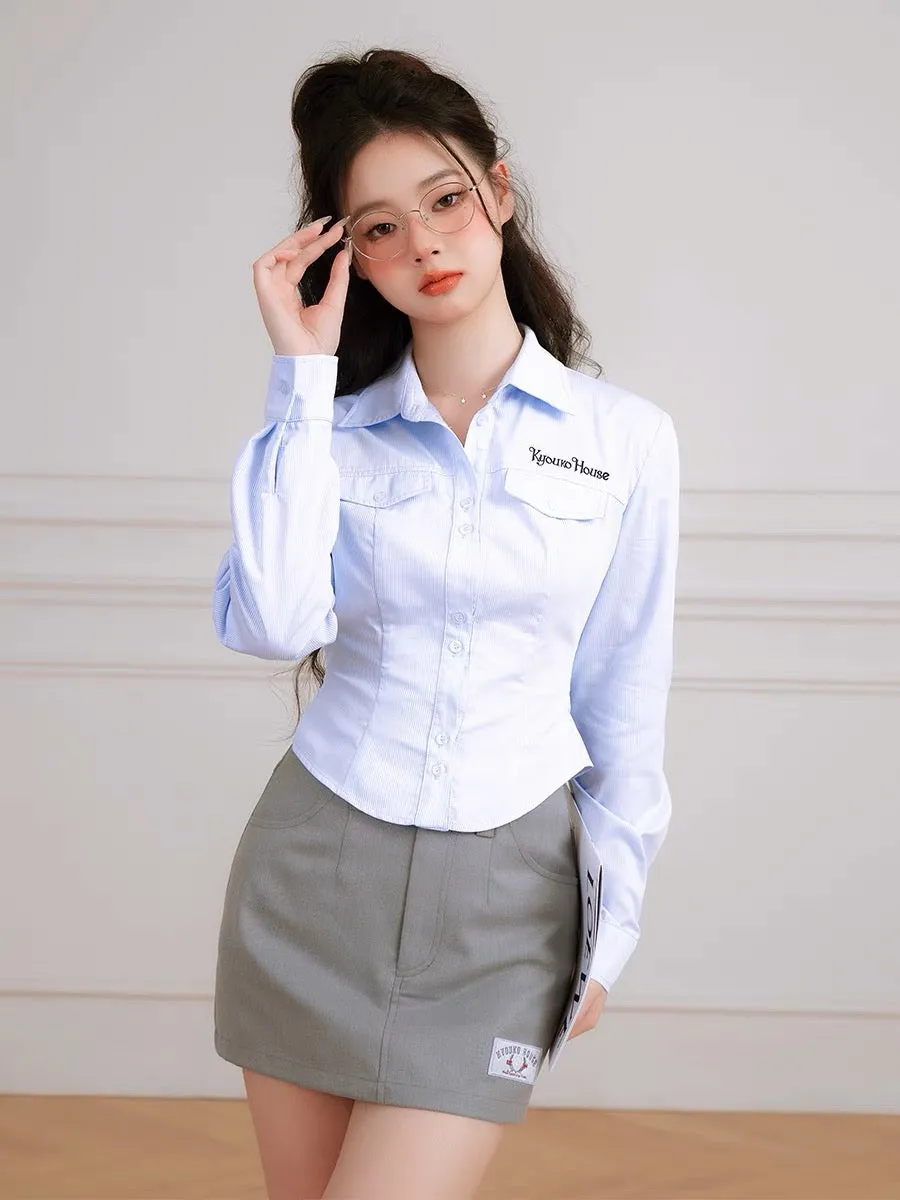 Korean Preppy Style Blue Striped Shirt Crop Top