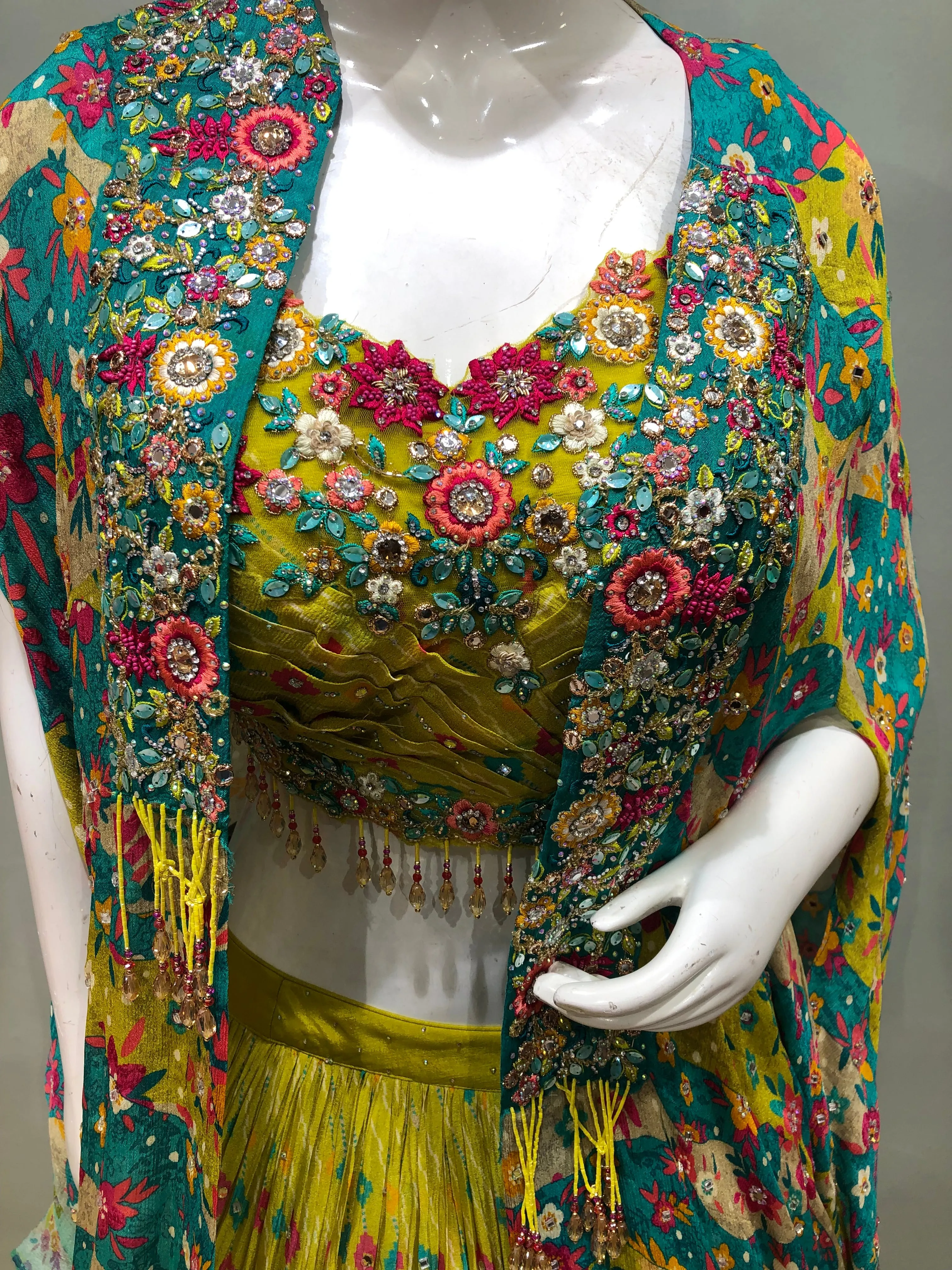 Lemon Green Chinon Lehenga With Mirror and Zarkan