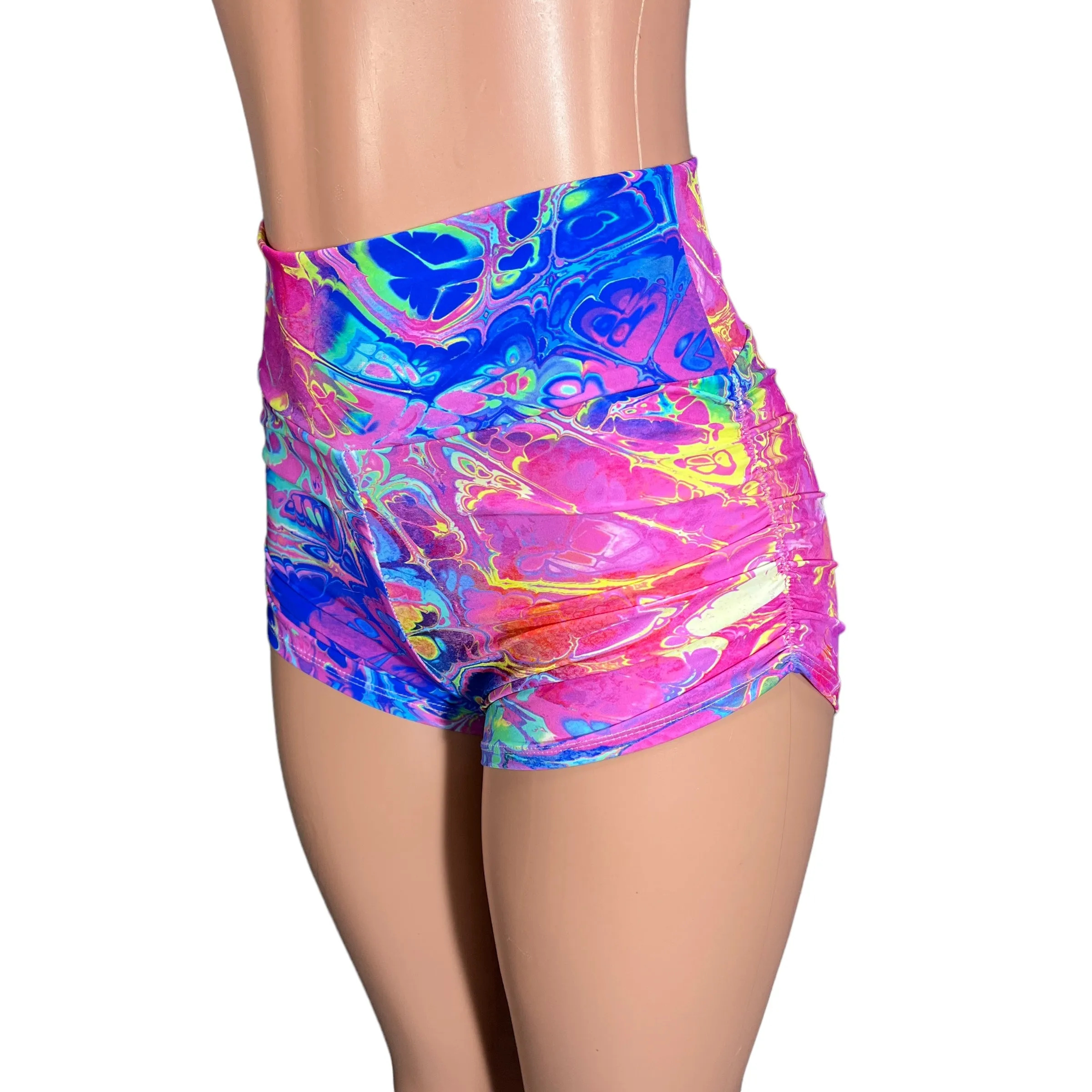 Ruched Booty Shorts - Rainbow Vapor Spandex