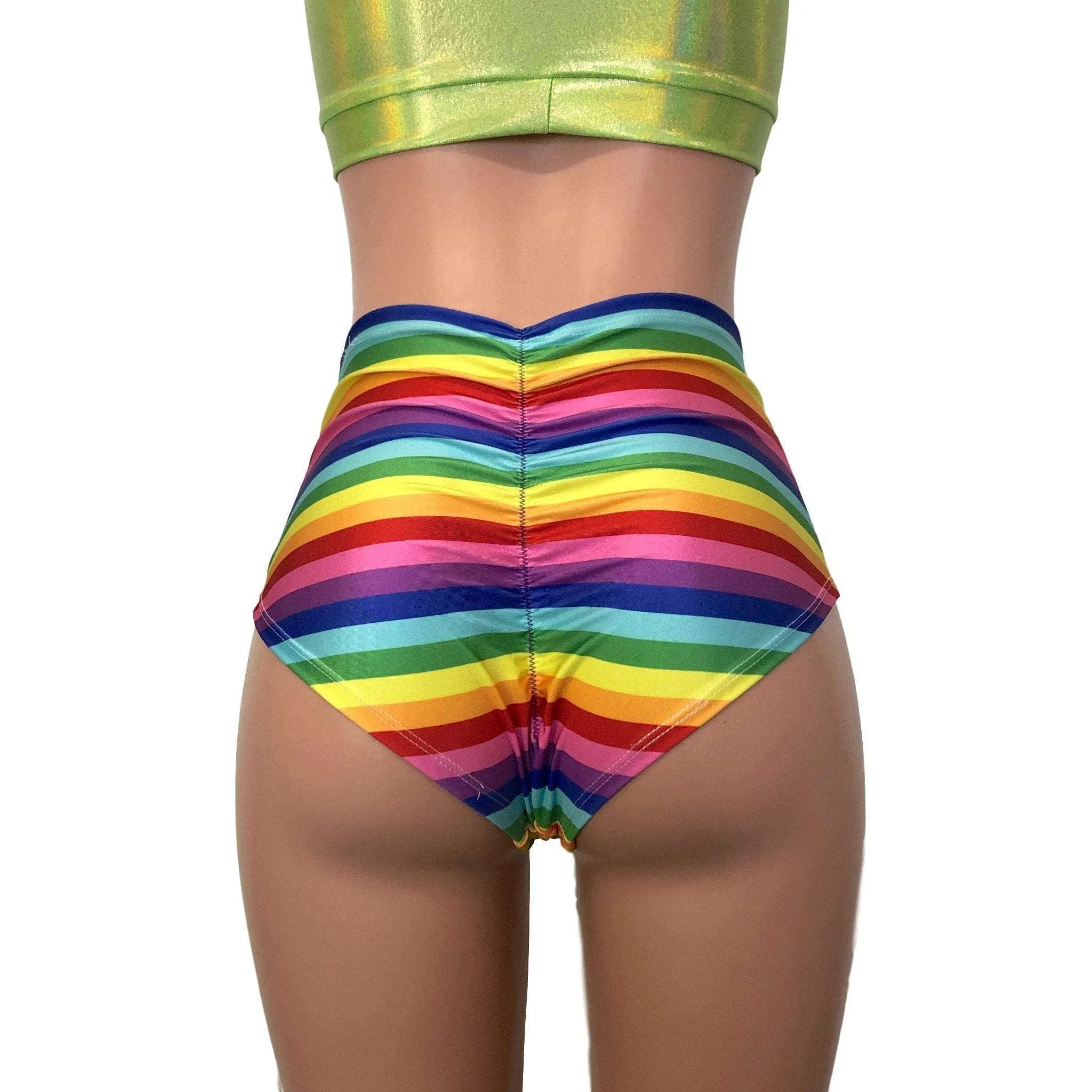 SALE - High Waist Scrunch Bikini Hot Pants - Rainbow Stripe