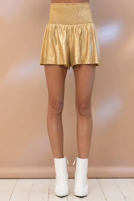 Smocked Waist Metallic Golden Shorts