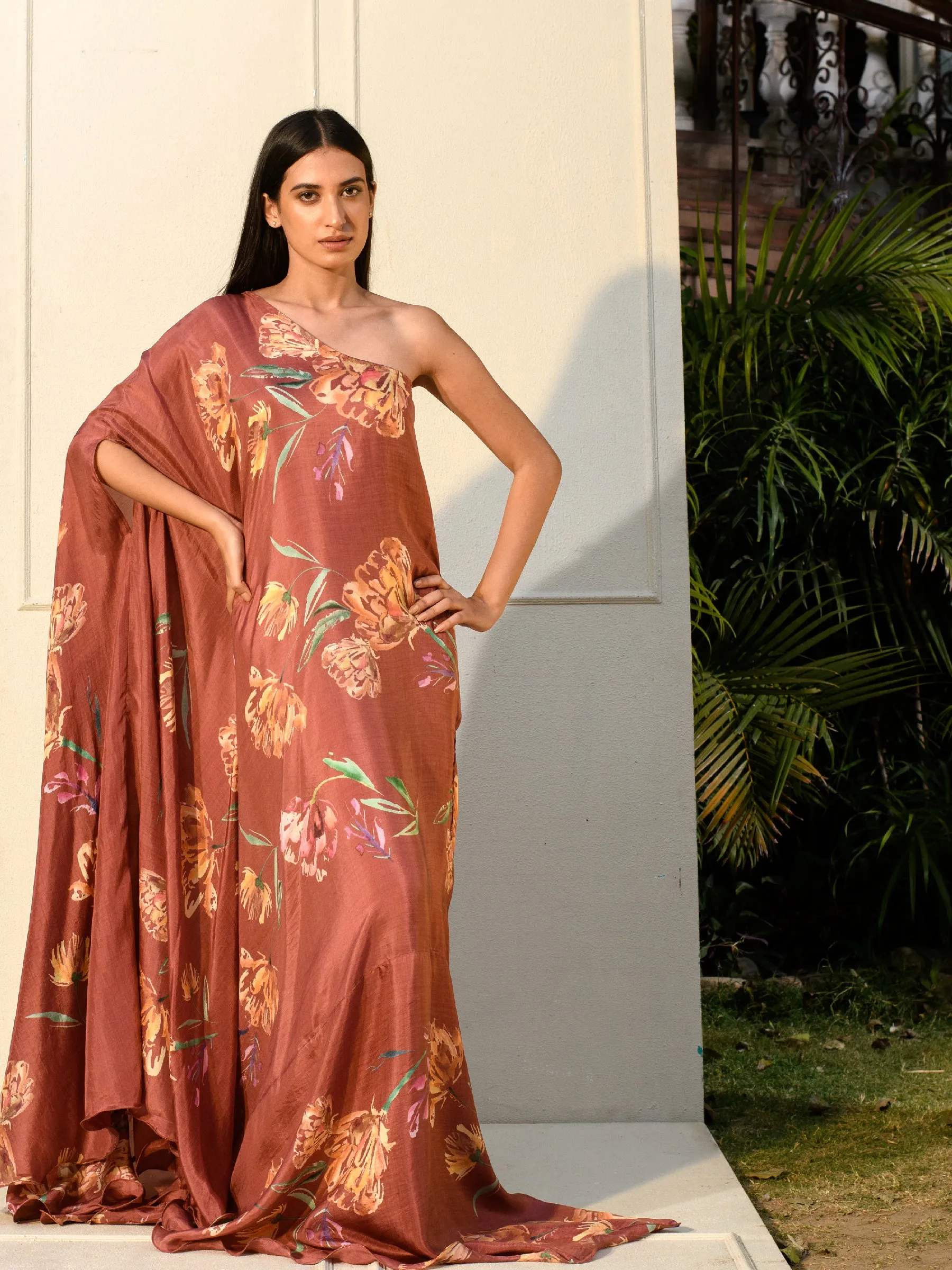 Soundarya Botanical Redsand one Shoulder Kaftaan