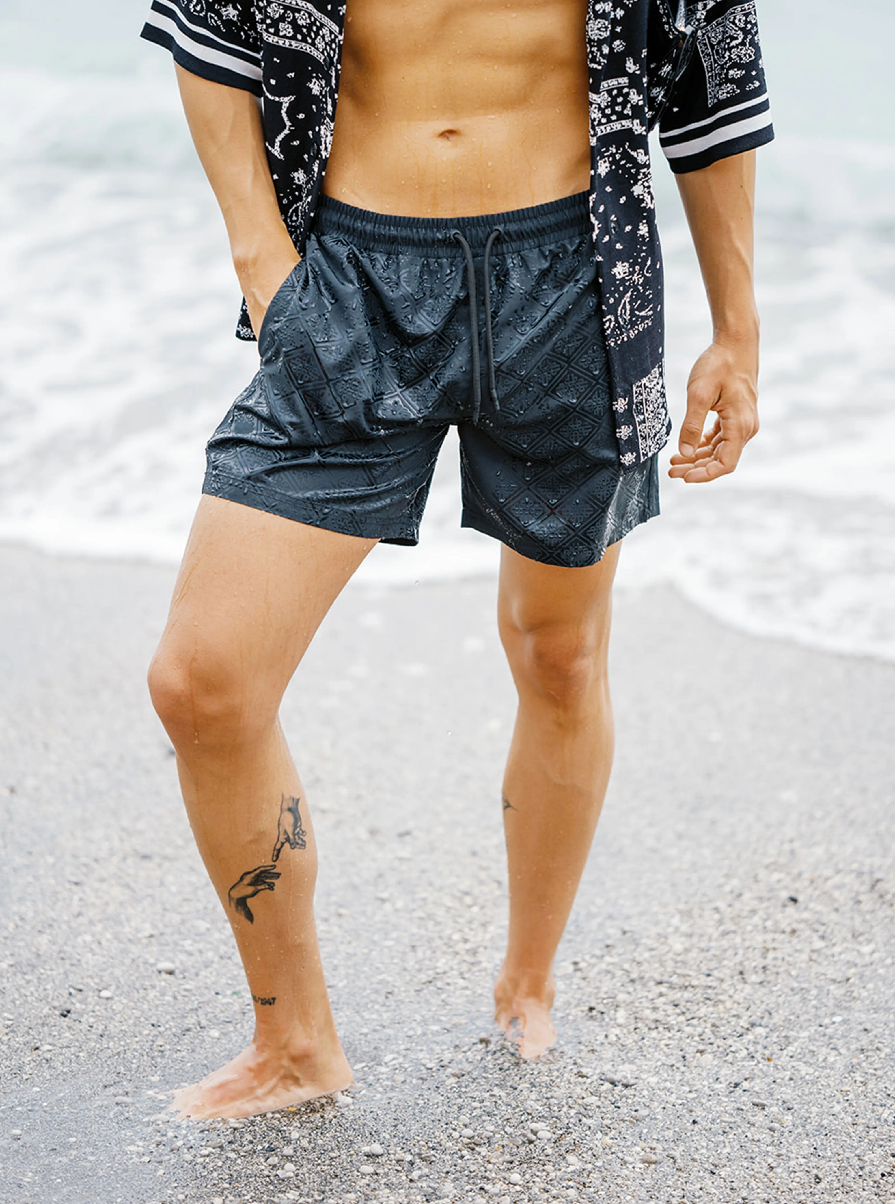 WATER REACTIVE EMBLEM SWIM SHORTS - BLACK