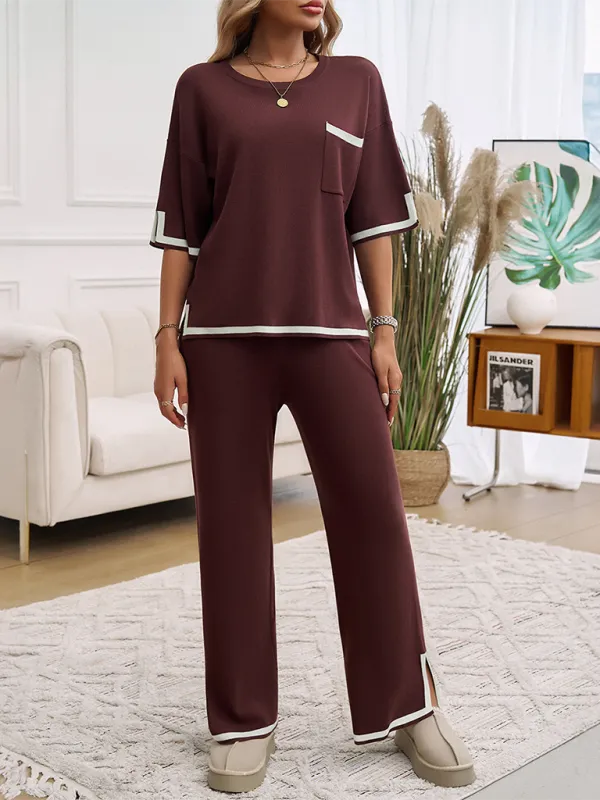 Women's Colour Contrast Short Sleeve Loungewear Set