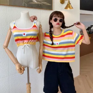 Women's Cute Flower Embroidered Rainbow Stripes Tops