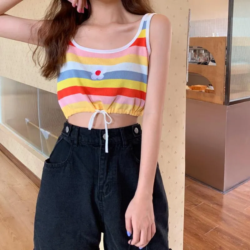 Women's Cute Flower Embroidered Rainbow Stripes Tops